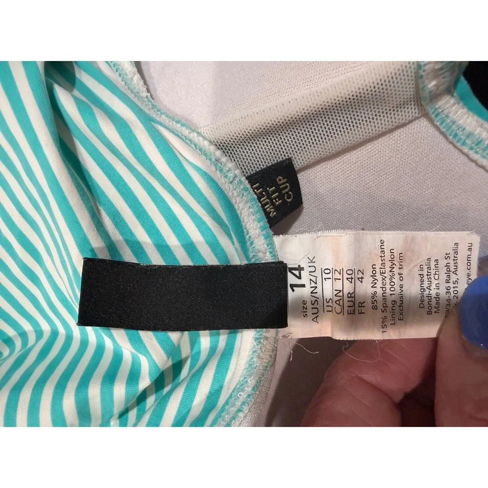 Bond-Eye Australia Teal White Striped Ruched One Piece Swimsuit US‎ 10 Multi Cup